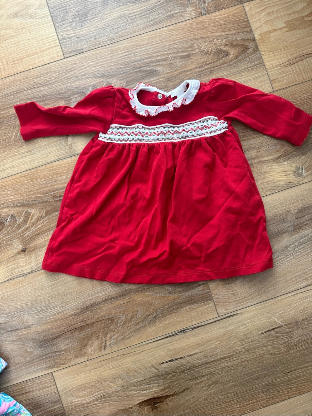 Kissy Kissy Red Smocked Long-Sleeve Dress with White Trim